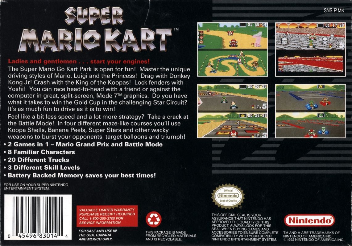 Back Cover for Super Mario Kart (SNES)
