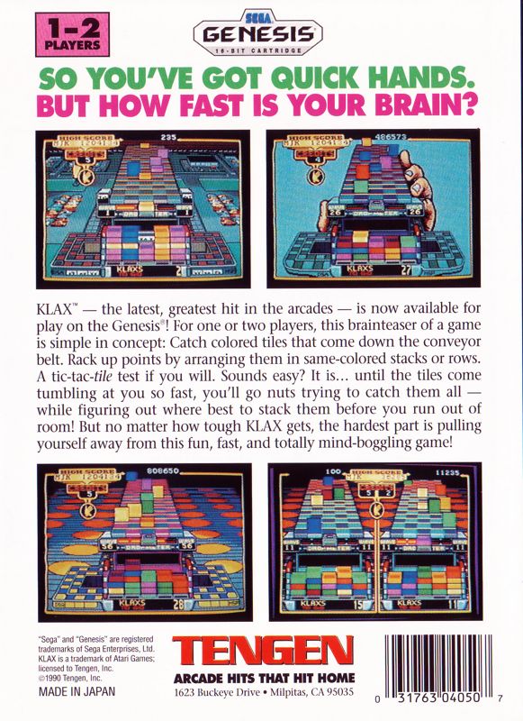 Back Cover for Klax (Genesis)