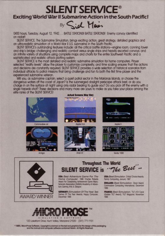 Back Cover for Silent Service (PC Booter)