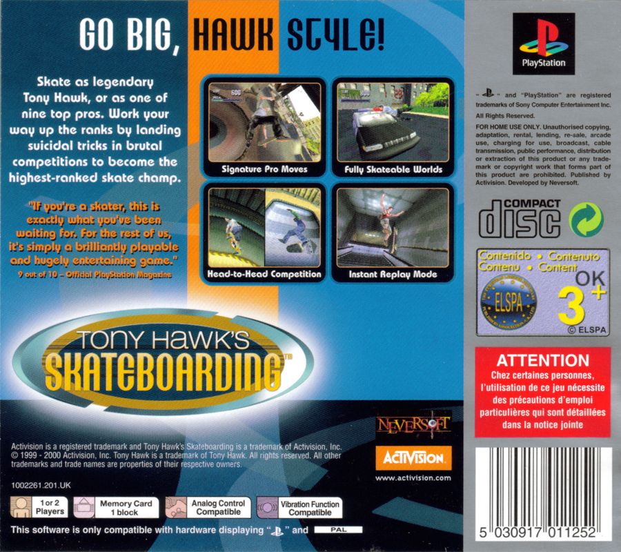Back Cover for Tony Hawk's Pro Skater (PlayStation) (Platinum release)