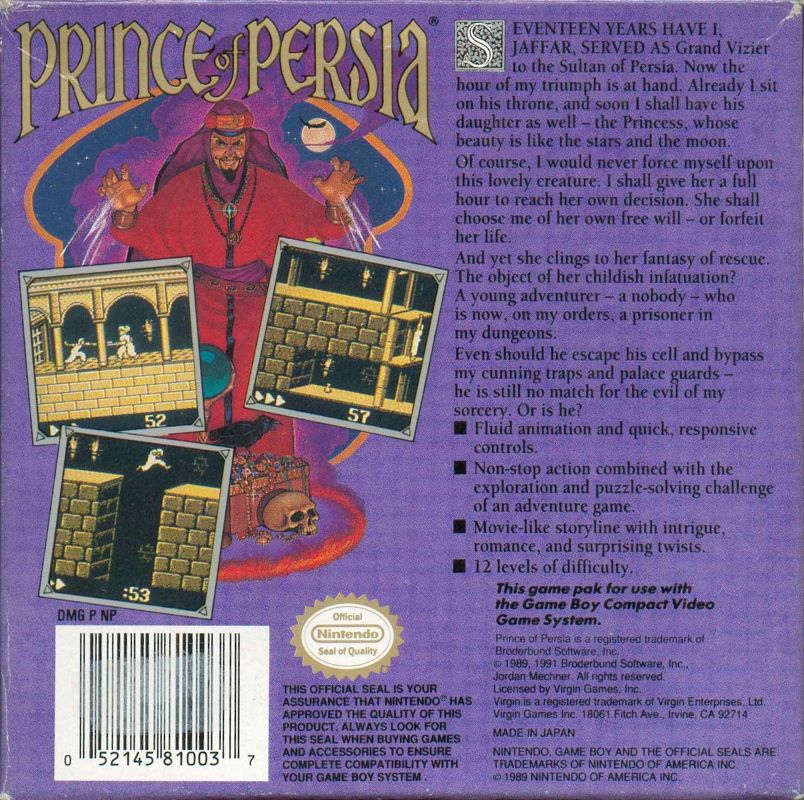 Back Cover for Prince of Persia (Game Boy)
