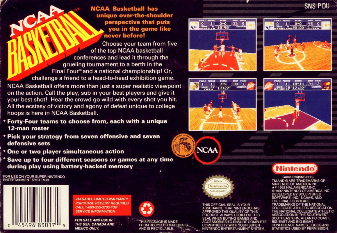 Back Cover for NCAA Basketball (SNES)