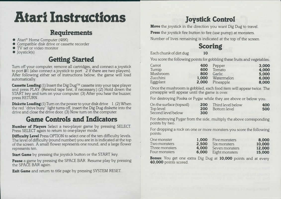 Manual for Dig Dug (Commodore 64): Atari Instructions
