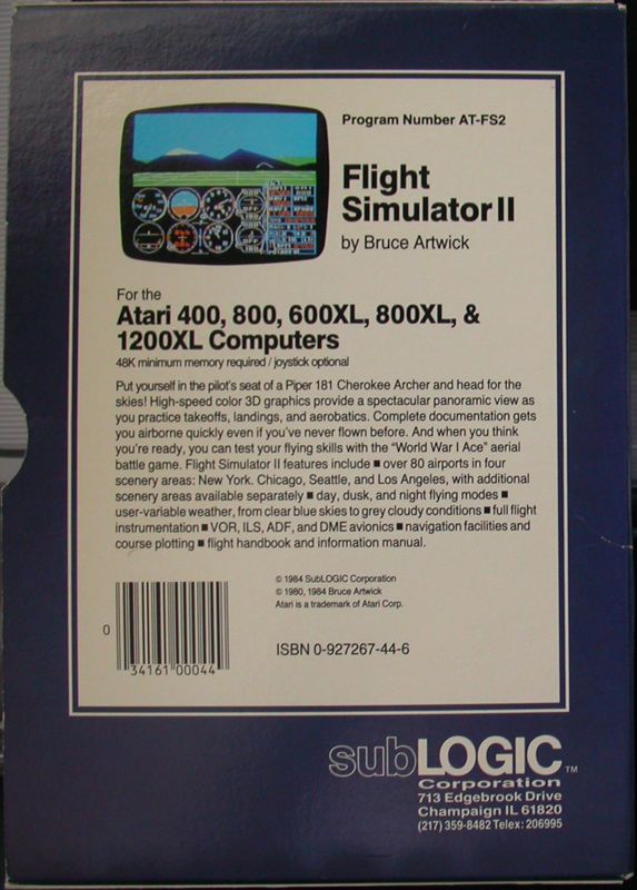Back Cover for Flight Simulator II (Atari 8-bit)