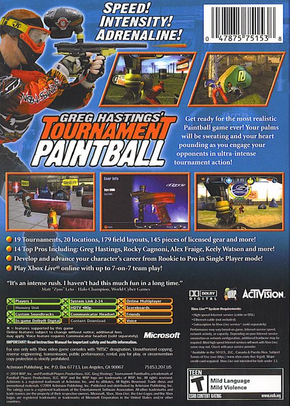 Back Cover for Greg Hastings' Tournament Paintball (Xbox) (Platinum Hits release)