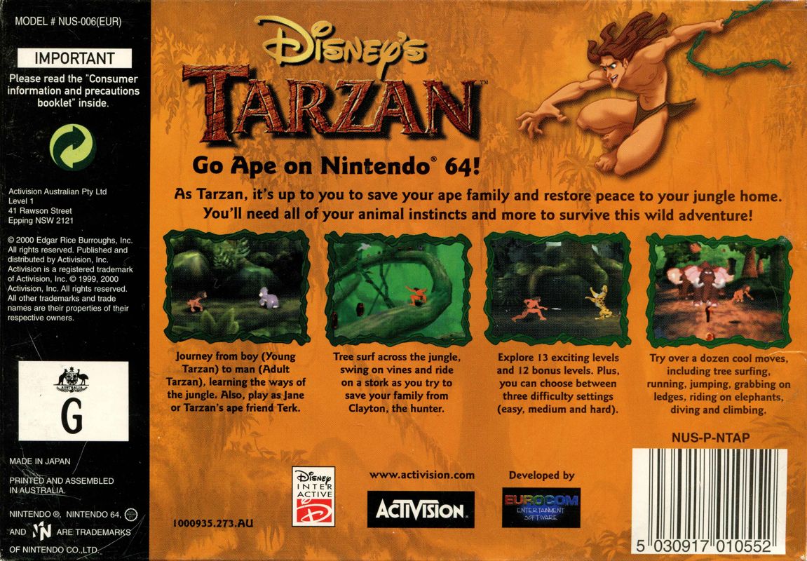 Back Cover for Disney's Tarzan (Nintendo 64)