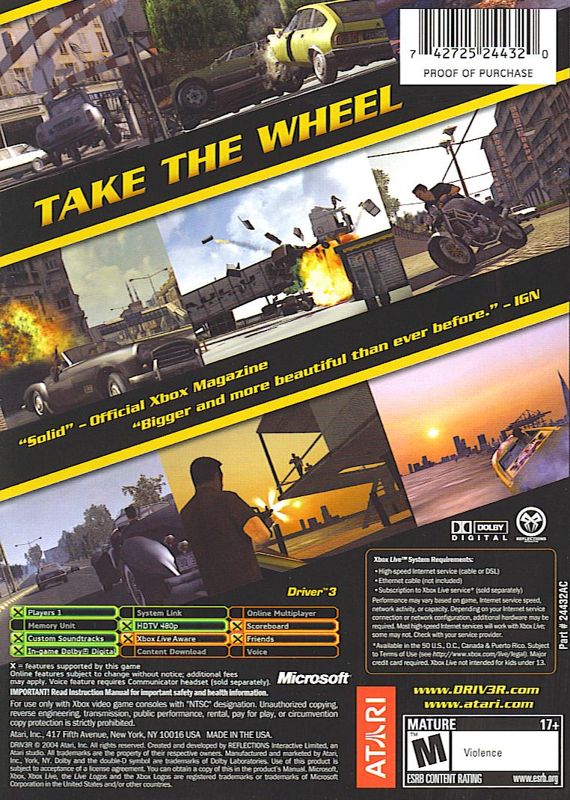 Back Cover for Driv3r (Xbox)