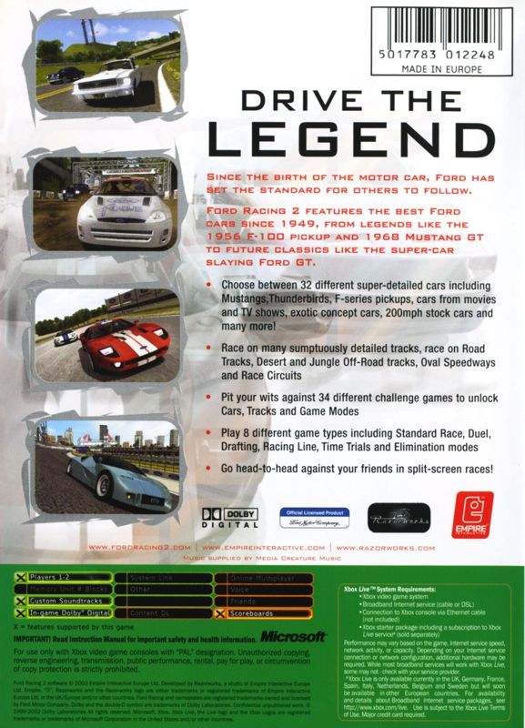 Back Cover for Ford Racing 2 (Xbox)