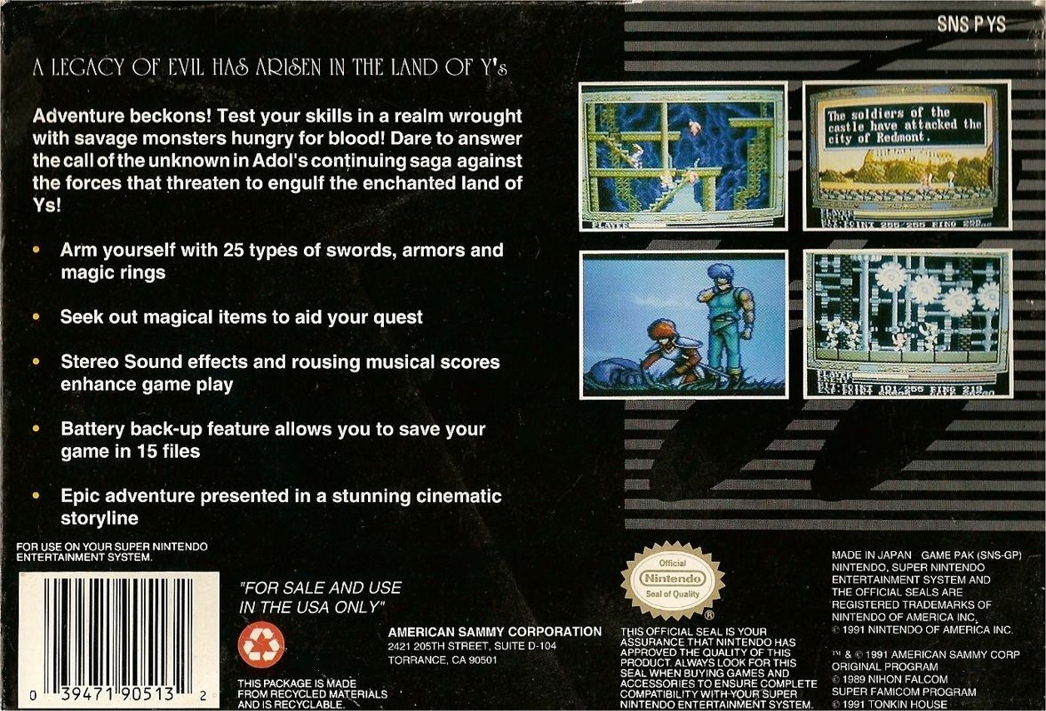 Back Cover for Ys III: Wanderers from Ys (SNES)