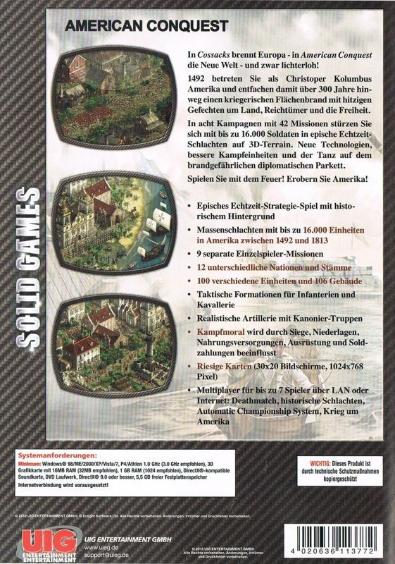 Back Cover for American Conquest (Windows) (Solid Games release)