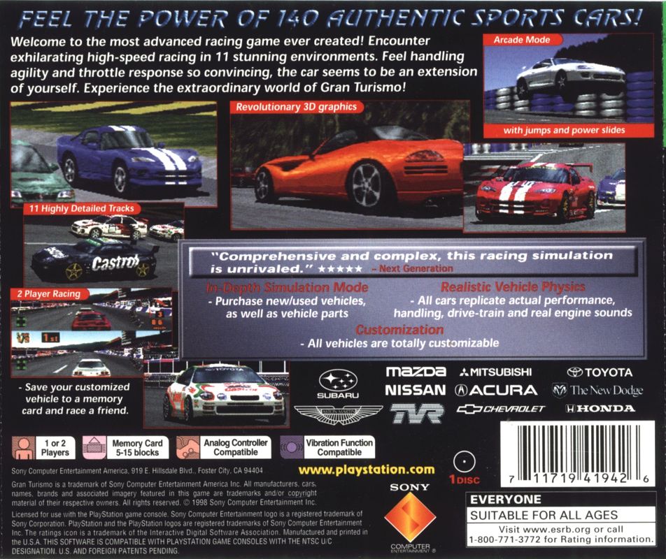 Back Cover for Gran Turismo (PlayStation) (Greatest Hits release)