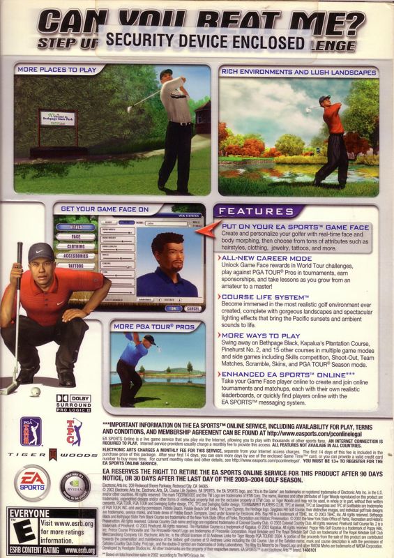 Back Cover for Tiger Woods PGA Tour 2004 (Windows)