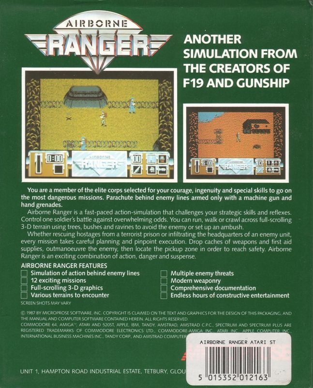 Back Cover for Airborne Ranger (Atari ST)