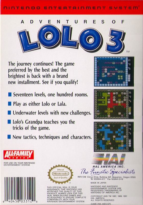 Back Cover for Adventures of Lolo 3 (NES)