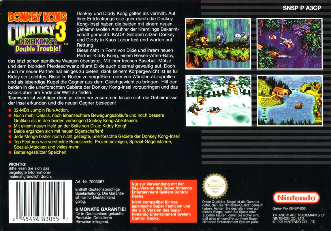 Back Cover for Donkey Kong Country 3: Dixie Kong's Double Trouble! (SNES)