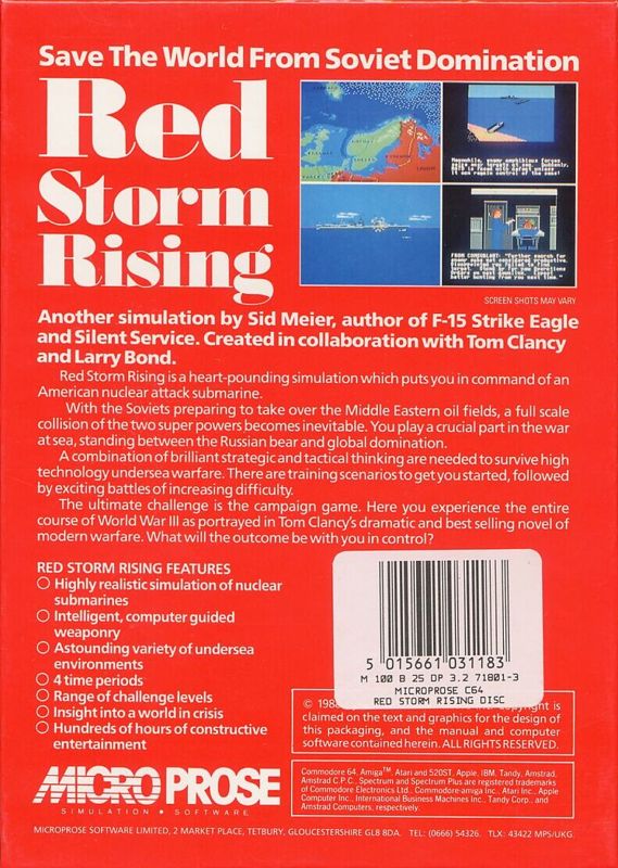 Back Cover for Red Storm Rising (Commodore 64) (Floppy Disk release)