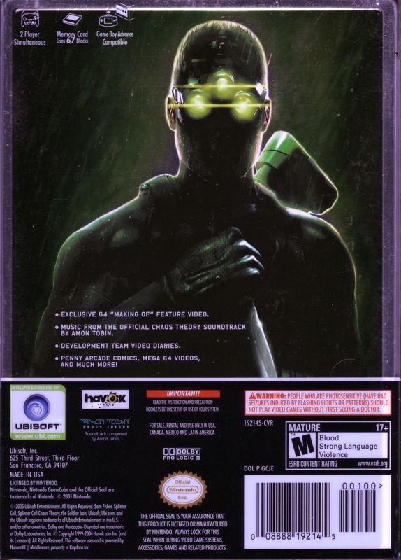 Back Cover for Tom Clancy's Splinter Cell: Chaos Theory (Limited Collector's Edition) (GameCube)
