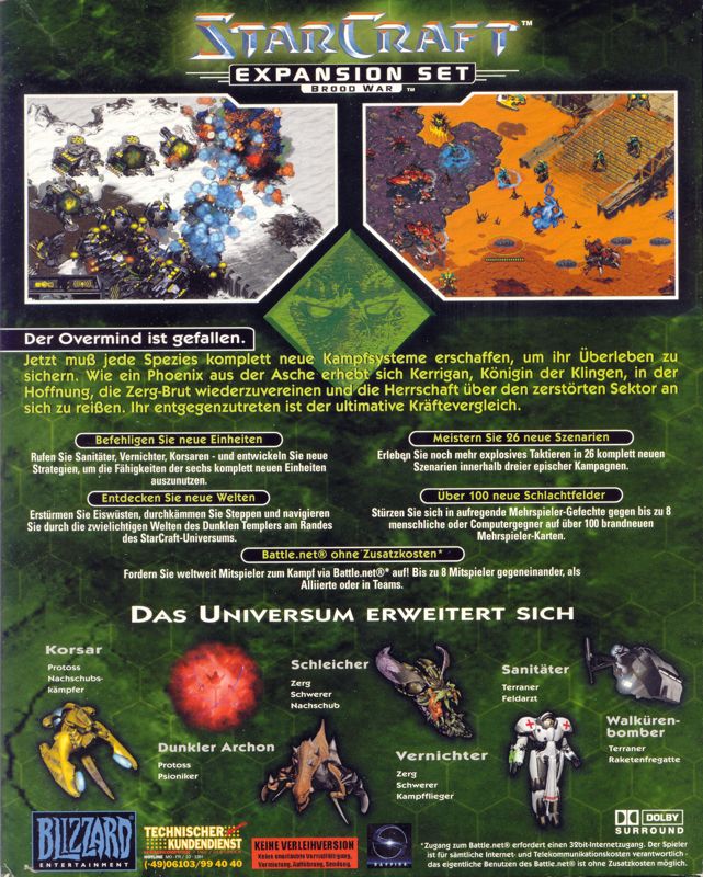 Back Cover for StarCraft: Brood War (Windows) (2nd German release (game and box in German))