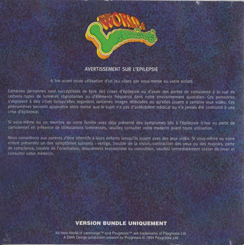 Inside Cover for The Lemmings Chronicles (DOS) ("Version Bundle Uniquement"): Inlay
