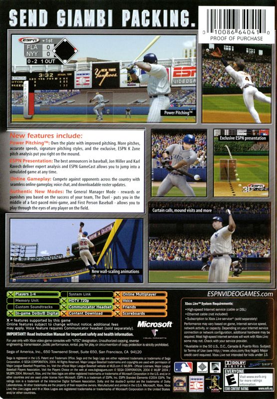 Back Cover for ESPN Major League Baseball (Xbox)