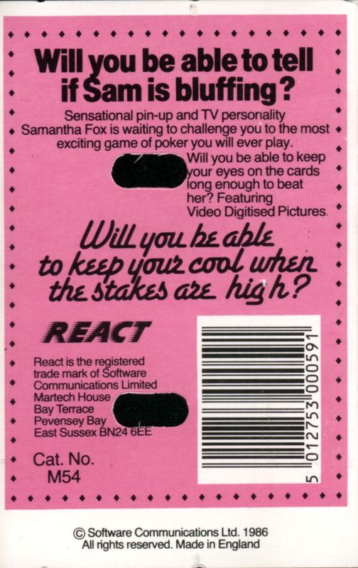 Back Cover for Samantha Fox Strip Poker (Commodore 64)