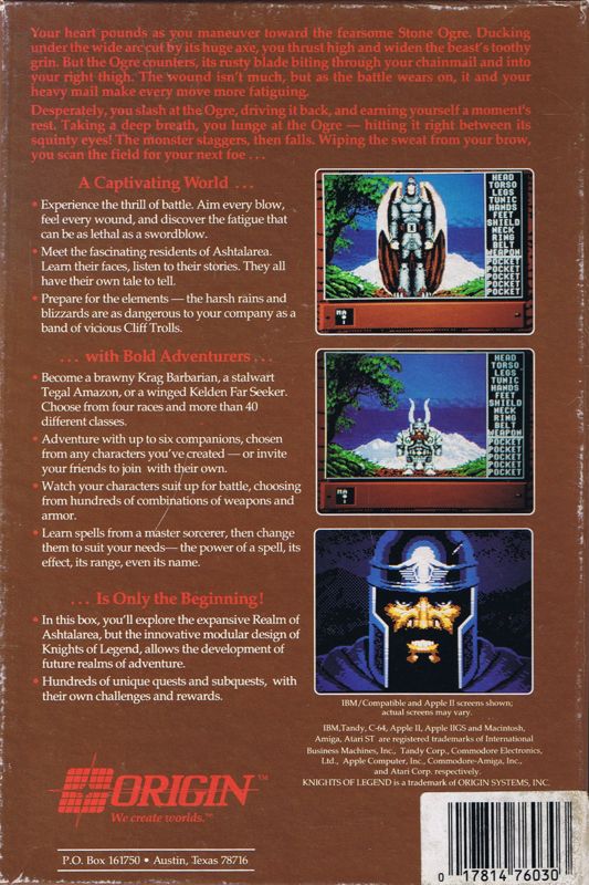 Back Cover for Knights of Legend (Commodore 64)