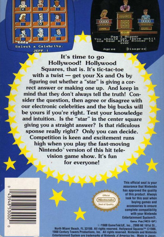 Back Cover for Hollywood Squares (NES)