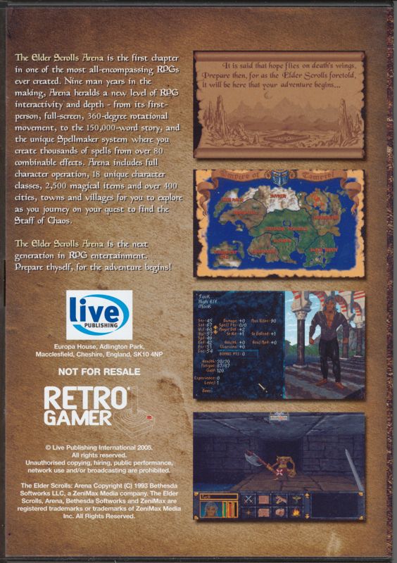 Back Cover for The Elder Scrolls: Arena (DOS) (Retro Gamer Magazine's DVD Packaged Free Full Version Release from Issue #16)