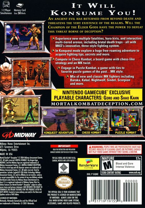Back Cover for Mortal Kombat: Deception (GameCube)