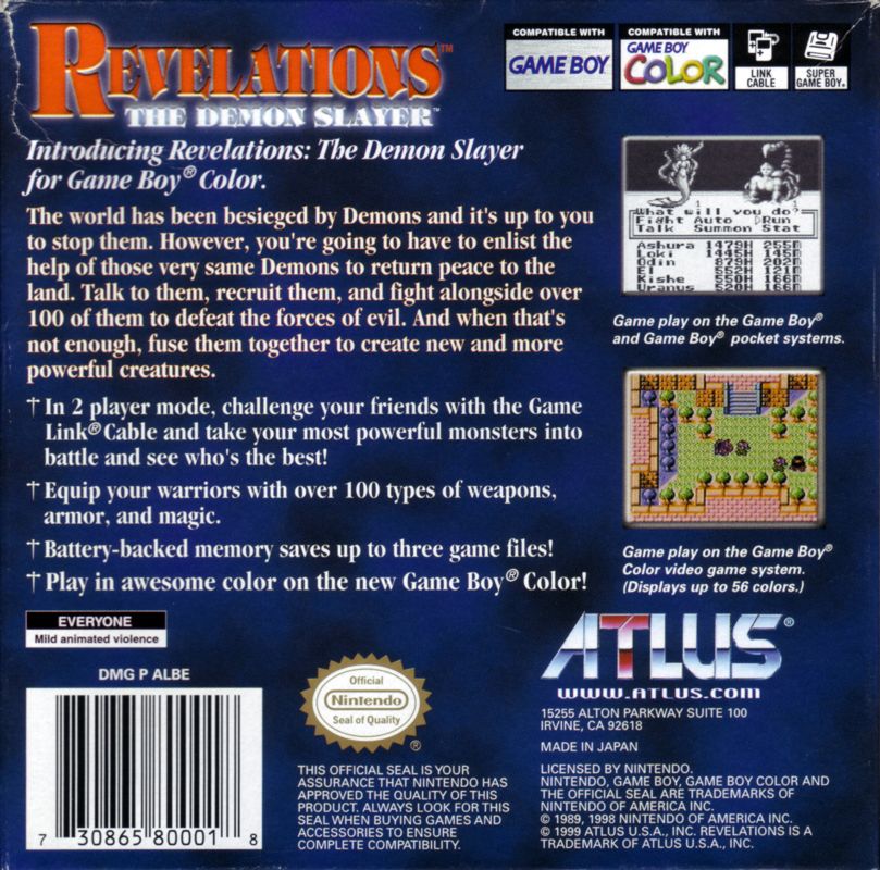 Back Cover for Revelations: The Demon Slayer (Game Boy Color)