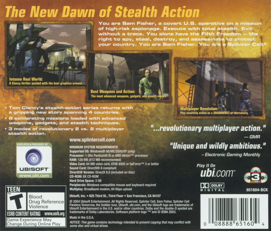 Other for Tom Clancy's Splinter Cell: Pandora Tomorrow (Windows): Jewel Case - Back