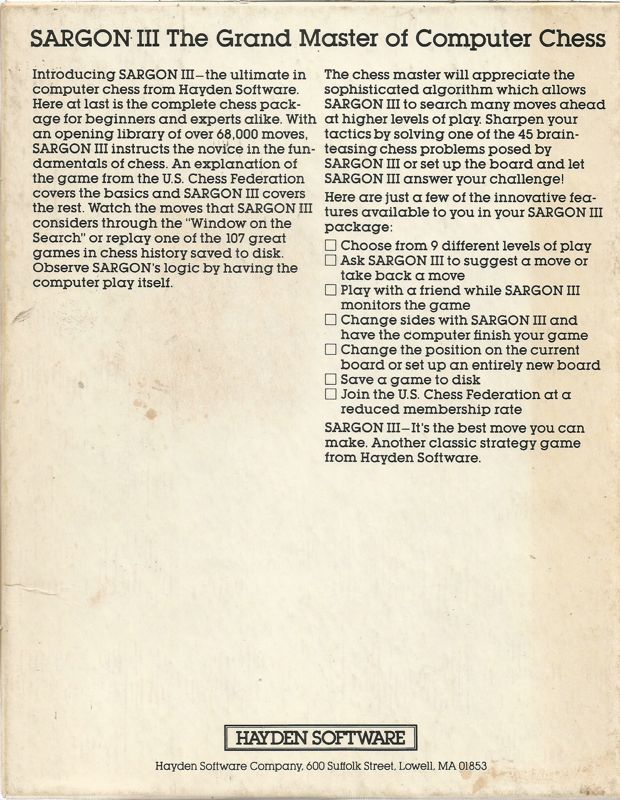 Back Cover for Sargon III (DOS) (Original Release (Copyright Year : 1983))