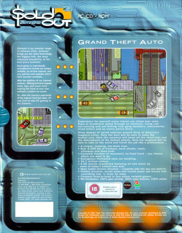 Back Cover for Grand Theft Auto (DOS and Windows) (Sold Out Extreme release)