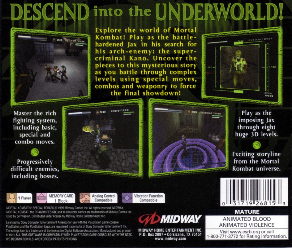 Back Cover for Mortal Kombat: Special Forces (PlayStation)