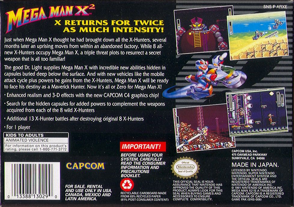 Back Cover for Mega Man X2 (SNES)