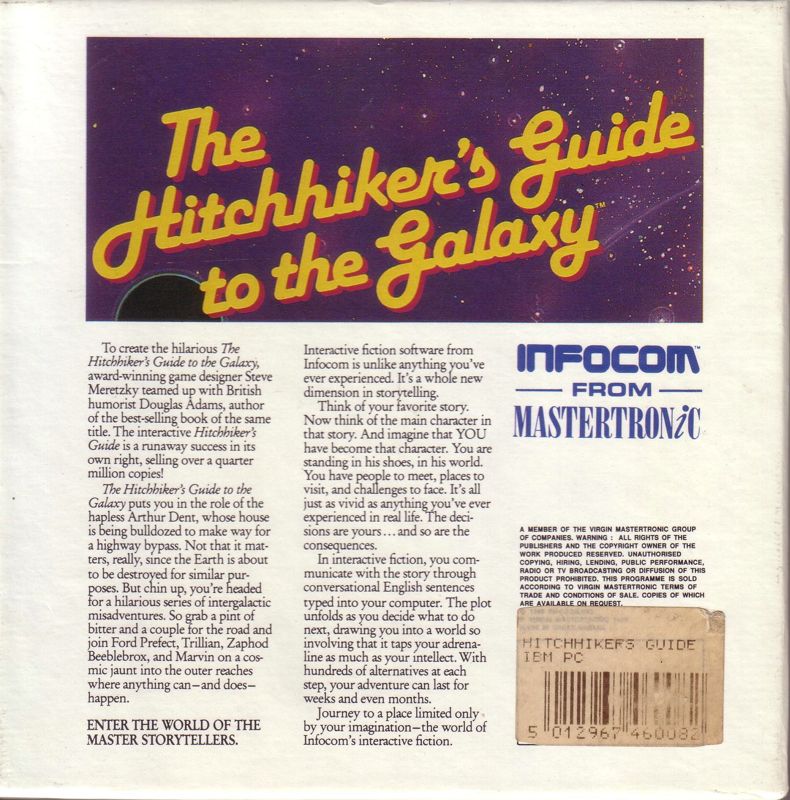 Back Cover for The Hitchhiker's Guide to the Galaxy (DOS) (Mastertronic release)