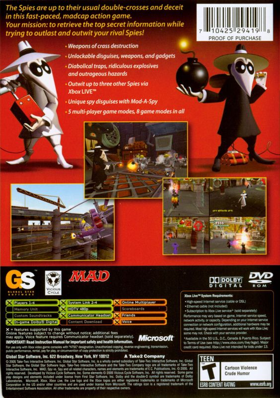 Back Cover for Spy vs Spy (Xbox)