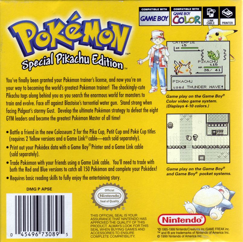 Pokémon Yellow Version: Special Pikachu Edition cover or packaging material  - MobyGames