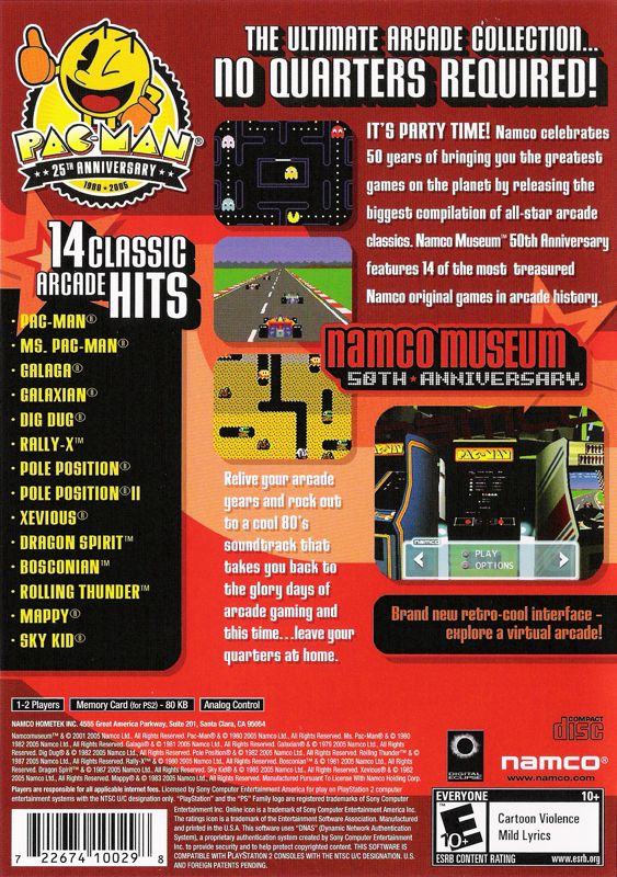 Back Cover for Namco Museum: 50th Anniversary (PlayStation 2) (Greatest Hits release)