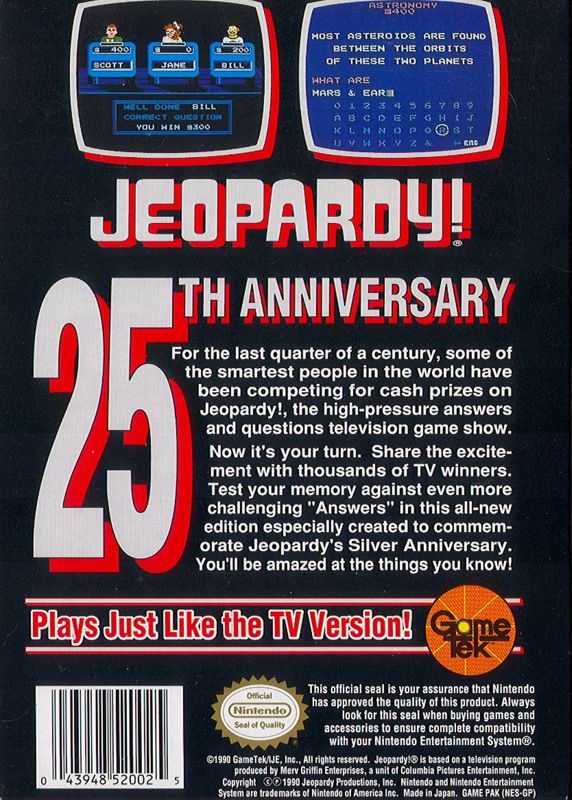 Back Cover for Jeopardy!: 25th Anniversary Edition (NES)
