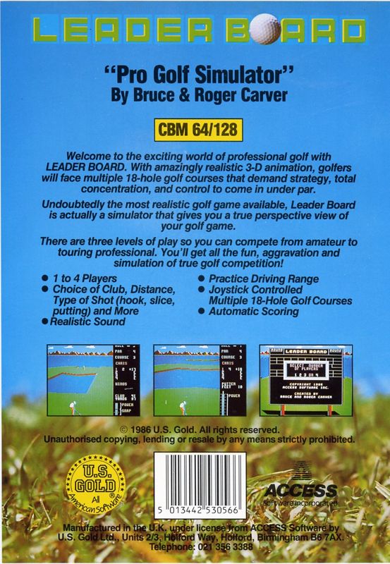 Back Cover for Leader Board (Commodore 64) (disk release)