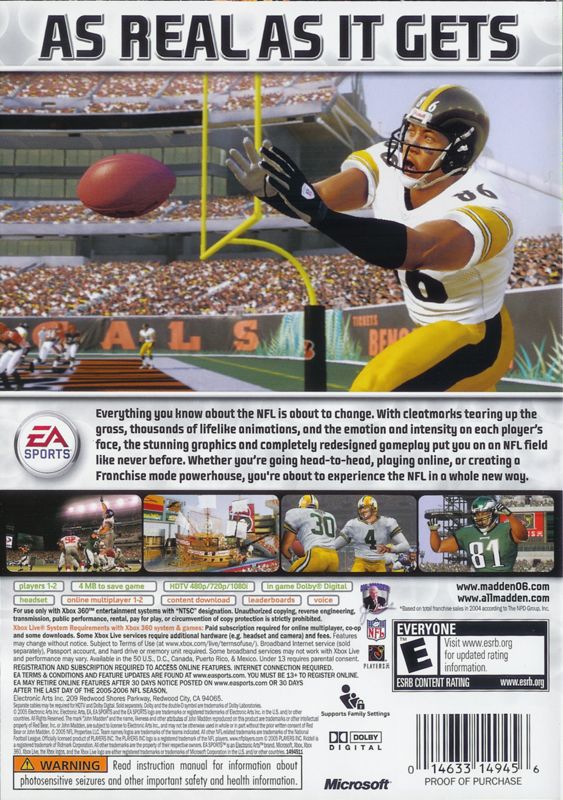 Back Cover for Madden NFL 06 (Xbox 360)