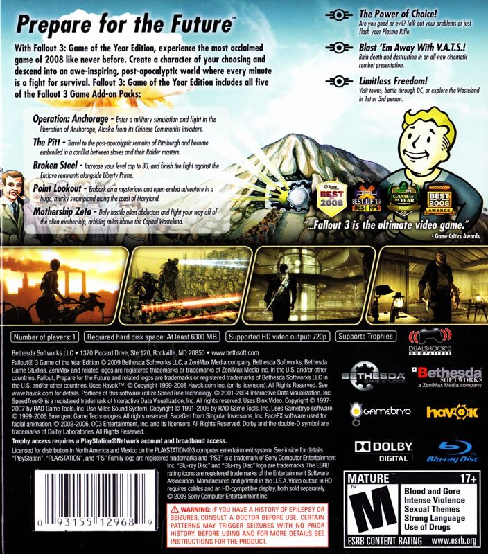 Back Cover for Fallout 3: Game of the Year Edition (PlayStation 3)
