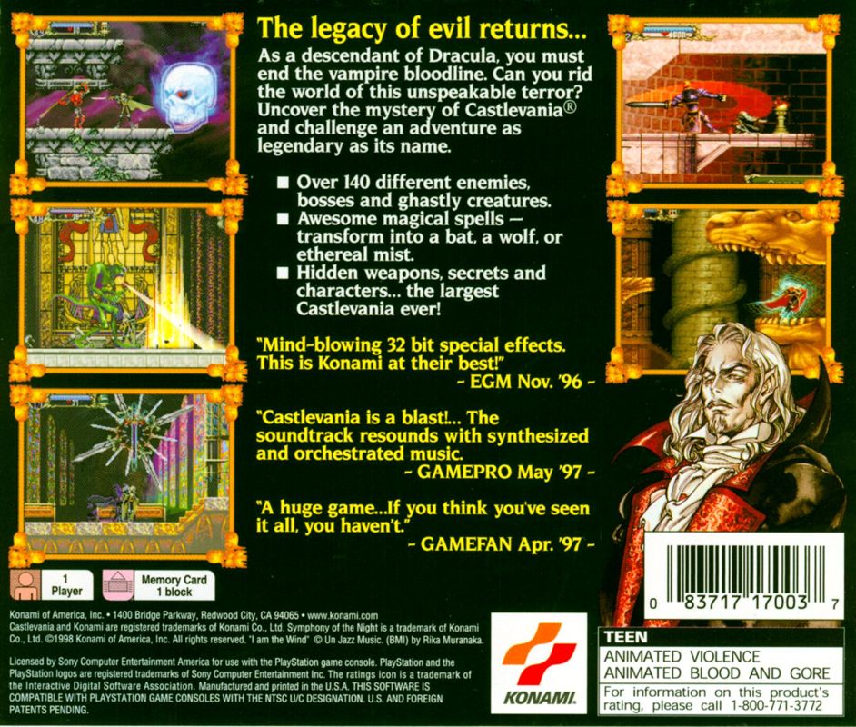 Back Cover for Castlevania: Symphony of the Night (PlayStation) (Greatest Hits release)