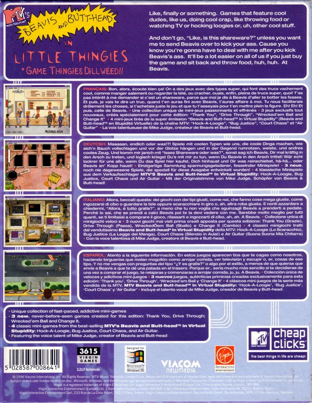 Back Cover for MTV's Beavis and Butt-Head: Little Thingies (Windows)