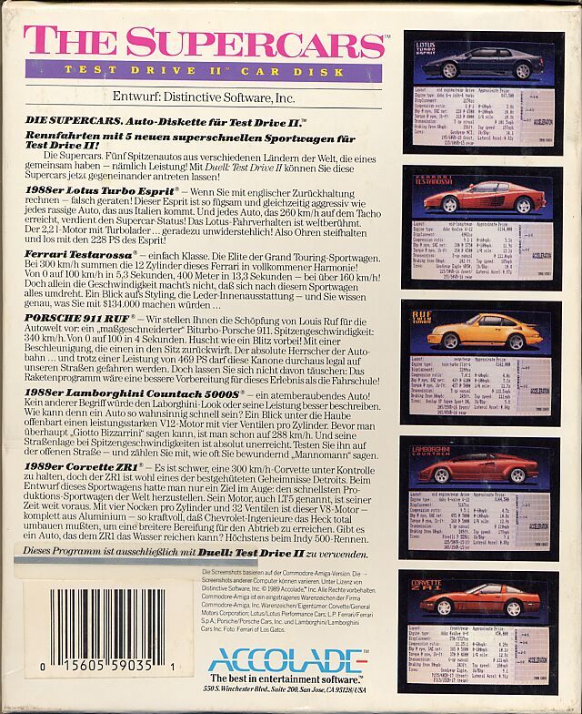 Back Cover for The Supercars: Test Drive II Car Disk (Commodore 64)