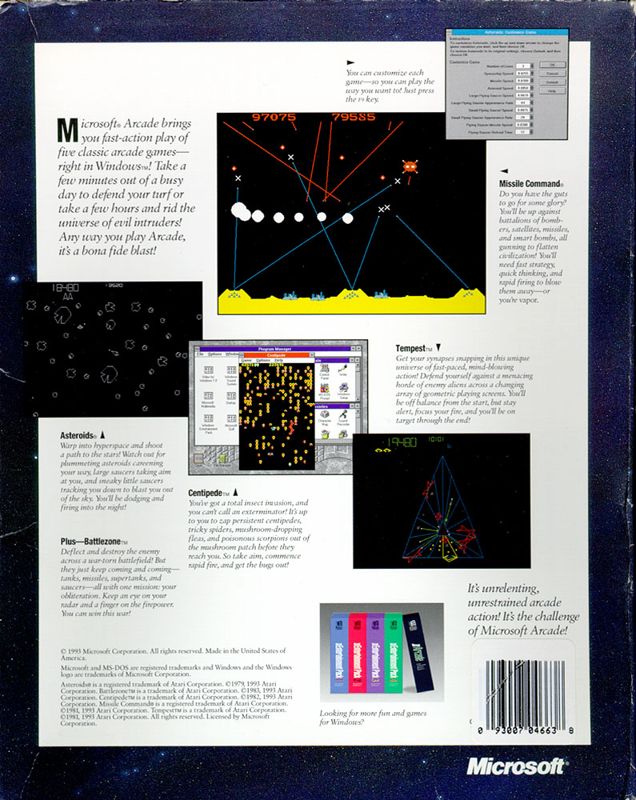 Back Cover for Microsoft Arcade (Windows 3.x)