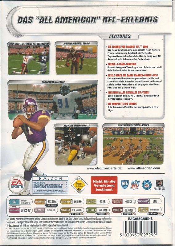Back Cover for Madden NFL 2002 (Windows)