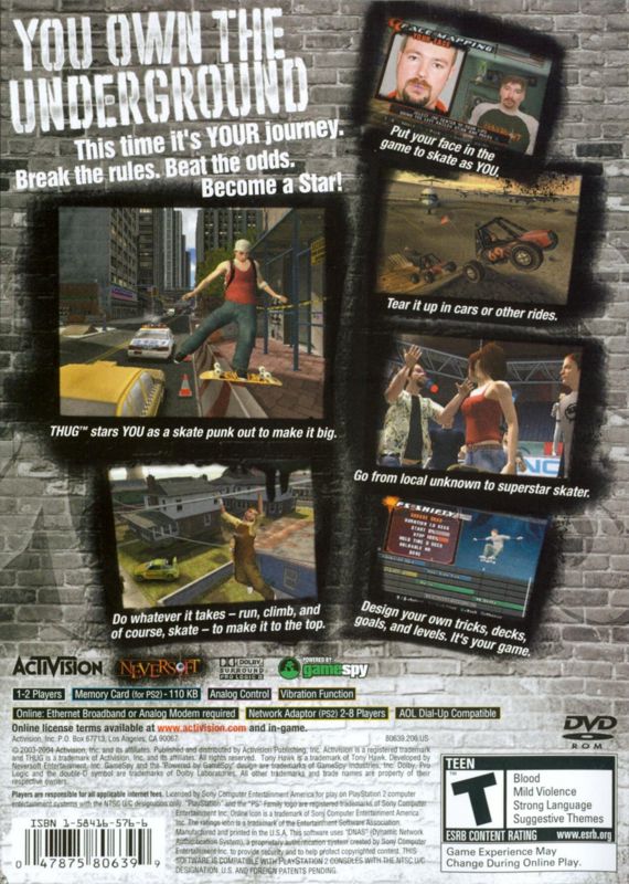 Back Cover for Tony Hawk's Underground (PlayStation 2)