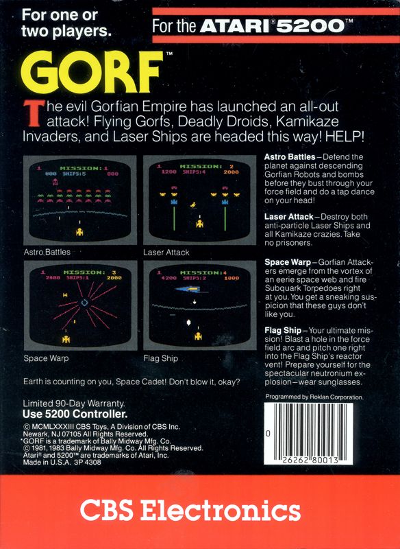 Back Cover for Gorf (Atari 5200)